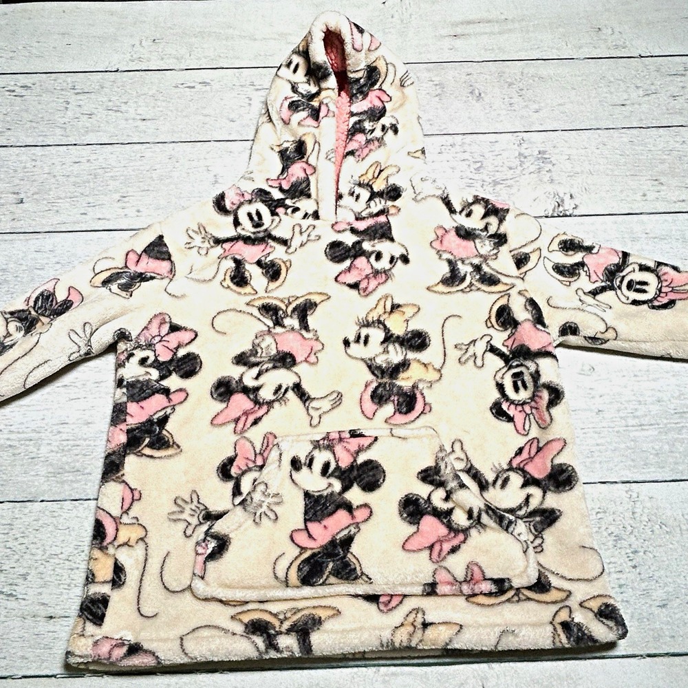 Disney Junior Girls Minnie Mouse Hooded Fleece Pullover Hoodie Pink Cream 3T